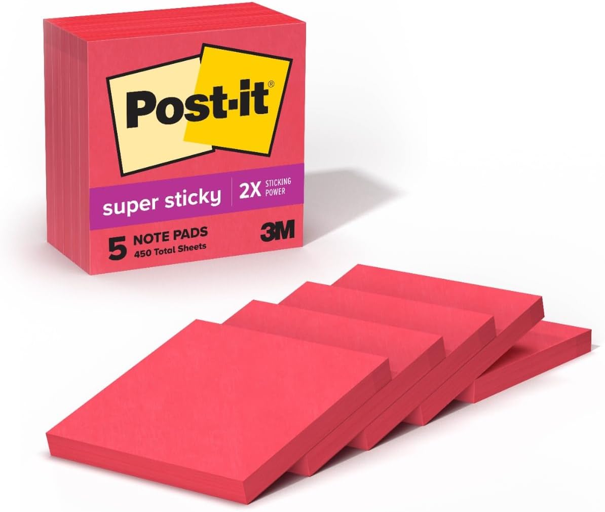 Super Sticky Notes, 5 Sticky Note Pads, 3 x 3 in, School Supplies, Office Products, Sticky Notes for Vertical Surfaces, Monitors, Walls and Windows, Candy Apple Red
