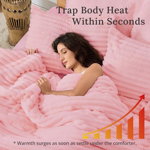 Image of Sasttie King Comforter Set 3 Pieces - Super Soft Fleece Comforters King Size, 1 Luxury Warm Fuzzy Marshmallow Comforter with 2 Pillow Cases, Faux Fur Down Alternative Bedding Set, Pink