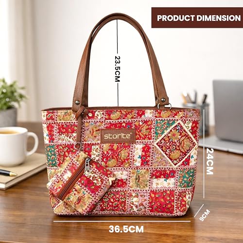 Image of Storite Women's Tote Bag with Leather Handles & Embroidery Printed Handbag with Zip Pockets, Shoulder Tote Bag and Handbag for Office and College