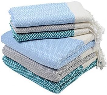 LaModaHome (Set of 6) Premium Turkish Cotton Peshtemals - 3 Bath & 3 Hand Face Dish Towels - Soft, Quick Dry, Highly Absorbent, 2 Blue 2 Gray 2 Nile