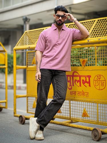 Image of Maniac || Mens || Textured || Polo Neck || 3 /4th Sleeve || Half Zipper || Cotton || T-Shirt