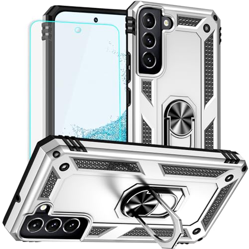 Coque Samsung S22 argentée avec protection d'écran HD et anneau antichoc intégré