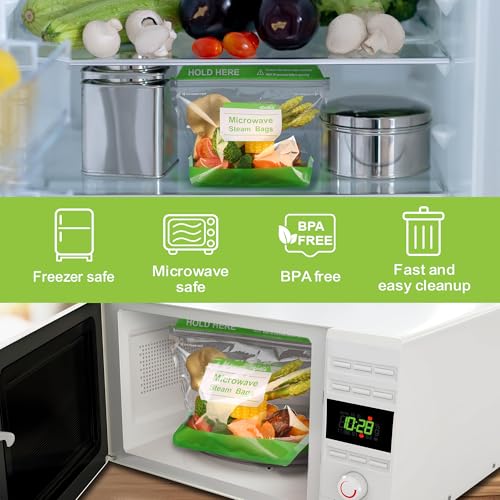 ebelbo 50 Count Microwave Steam Bags 8.8\"x5.8\" for Cooking and Steaming Standing Type Disposable Food Steamer Bags for Vegetables Potatoes Fish and Poultry