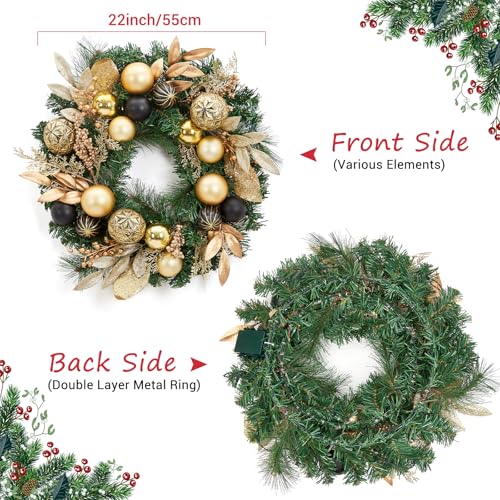 22 Inch Artificial Christmas Wreath, Pre-Lit Lighted Christmas Wreath with Ball Ornaments, Golden Leaves, Pine Needles, Winter Xmas Wreath with Timer for Door Window Fireplace