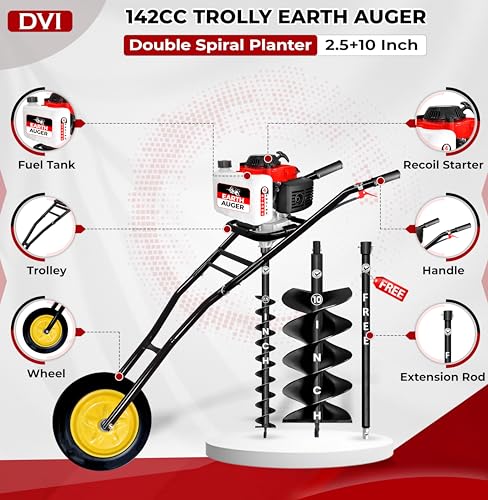 Image of DVI 142CC Trolley Earth Auger Machine, 4-Stroke Petrol Engine - with 2.5 Inch + 10 Inch Double Spiral Planter Bits & Free Extension Rod | For Plantation, Fencing & Post Hole Digging in All Soil Types.