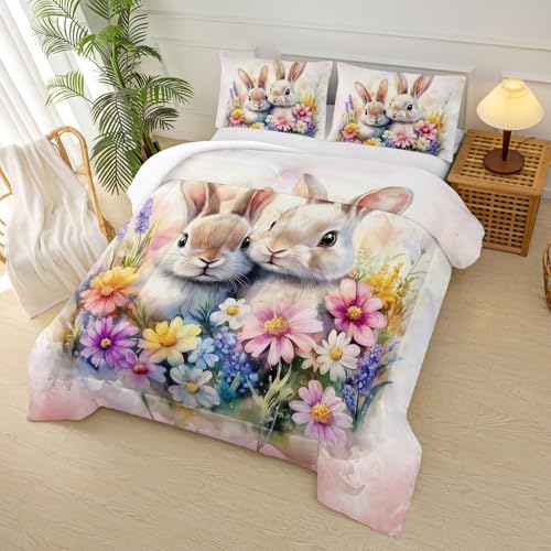 Image of Cute Rabbit King Comforter Set for Kids,Kawaii Bunny Quilt Set for Boys Girls,Rural Farm Animals Fluffy Rabbit Flowers Garden Bed Set,Pink Watercolor Bedding Set for Bedroom Decor