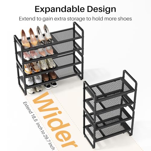 Image of SNTD Shoe Rack - Expandable Shoe Organizer for Closet, Adjustable Metal Shoe Shelf Storage, Stackable Long Shoe Stand Holder for Garage, Entryway, Door Entrance (Black, 4-Tier)