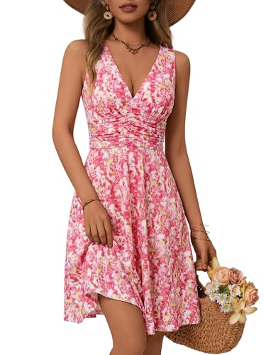 Image of OURIN Women's Spring Deep V Neck Sleeveless Floral Sundresses with Pockets Flowy Summer Dresses for Women