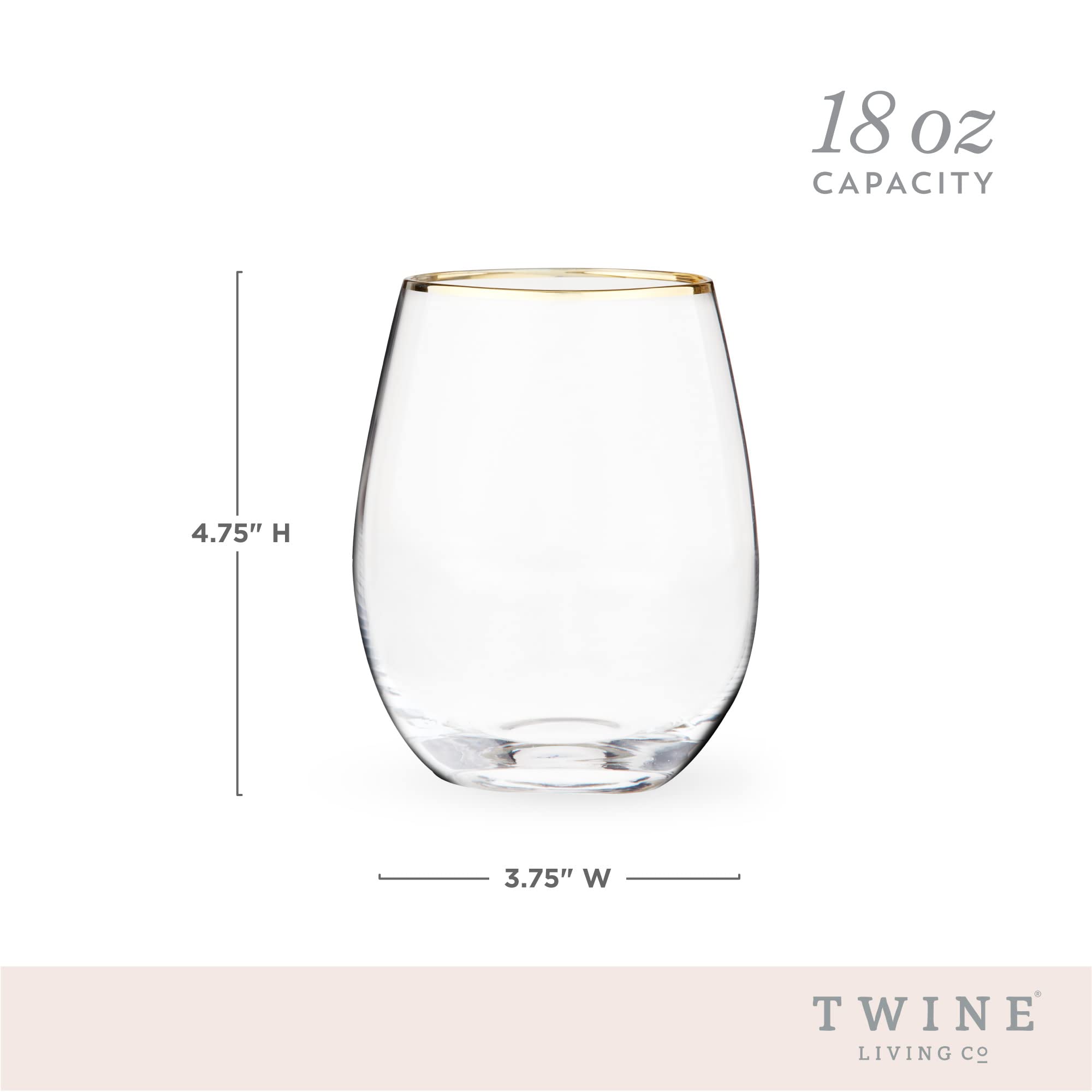 Twine Juego de copas de vino doradas sin tallo con borde dorado, vasos modernos para vinos tinto y blanco, regalos de boda, celebración de vacaciones, cristalería elegante, bar en casa, 18 onzas