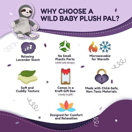 WILD BABY Microwavable & Weighted Plush Toy - Sloth Stuffed Animal for Comfort & Warmth - Soft, Heatable Plushie for Snuggles - Great for Kids, Toddlers & All Ages