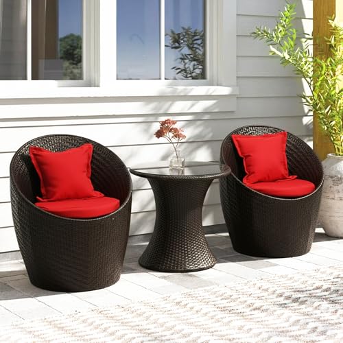 Image of DEVOKO Rattan 3-Piece Outdoor Patio Furniture Set With Cushions & Coffee Table For Garden, Deck, Lawn, Poolside, Terrace, Balcony (Dark Brown & Red)