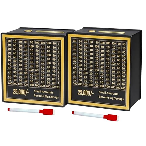Image of Dr.MASHUR Wooden Money Saving Challenge Box with Printed Amount Board for Cash and Coin Collection, Reusable Saving Box for Kids and Adults (Pen 25k Money box-2ps, 2, Count)