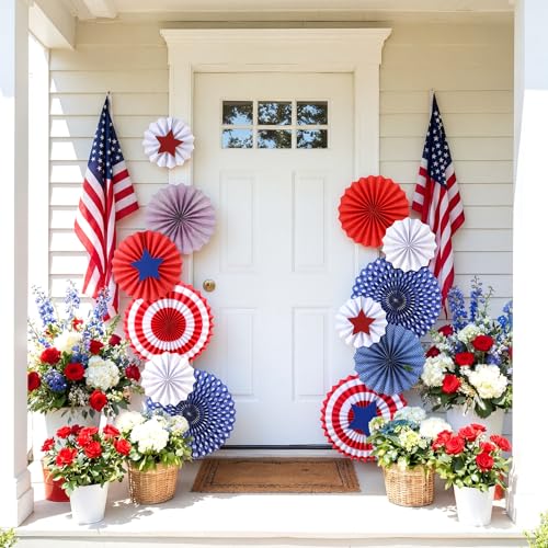 Tinlade 31 Pcs 4th of July Patriotic Decorations Red White Blue Hanging Paper Fans Porch Door Decor for 250 Anniversary Fourth of July Memorial Day USA Independence Day American Party Supplies