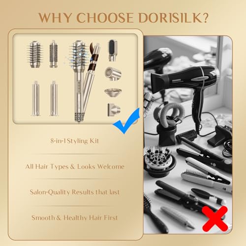 Image of DORISILK 8 in 1 Hair Styler & Hair Dryer Brush Blow Dryer, 110,000 RPM High-Speed Hot Air Brush Auto Wrap Curlers, Frizz-Free Ionic for Straightening Curling Volumizing Fast Drying, Champagne Gold