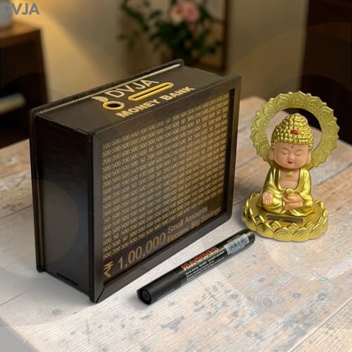 Image of Money Bank Wooden Piggy Bank for Kids & Adults, Coin Box with Carved Design, Savings Box, Mini Bank, Wooden Coin Box, Money Saver, Piggy Bank with Numbers (Brown)