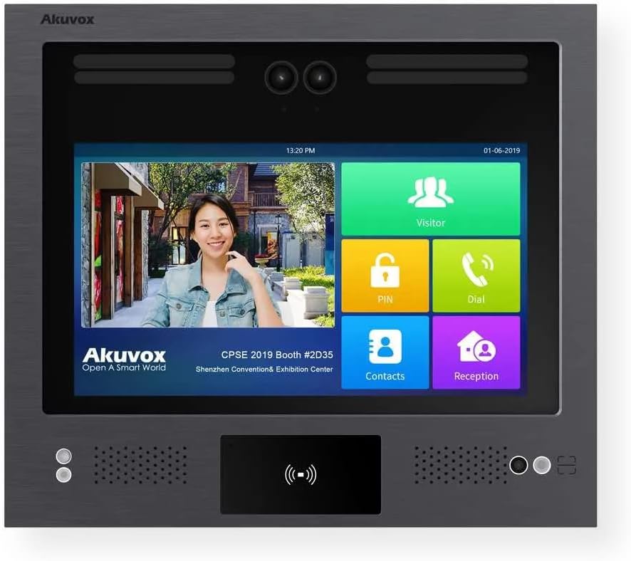 Davant view of the Akuvox X916S SIP Door Phone with its 13-inch touch display showing a video call and access options.