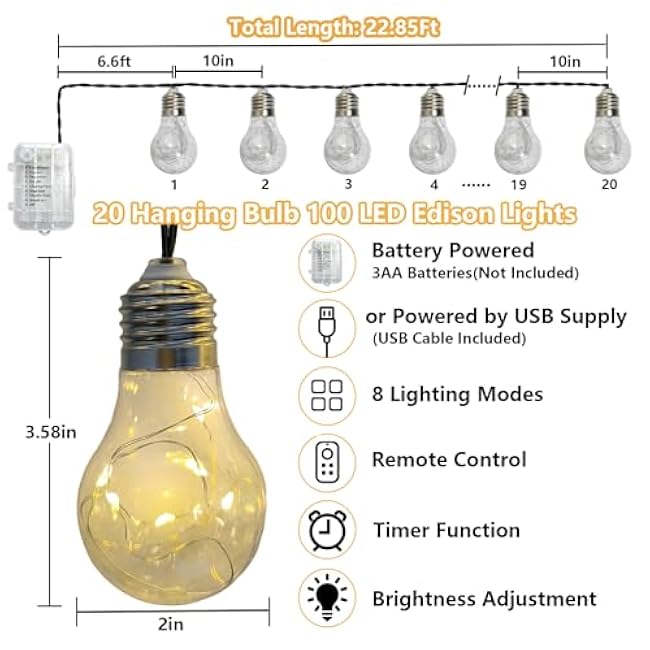 Battery Operated Outdoor Lights 22.85FT 20 Edison Bulb String Light Outdoor 100 LED Fairy Lights with Timer & 8 Modes, Warm White Indoor String Light for Wedding Patio Balcony Christmas Camping Decor