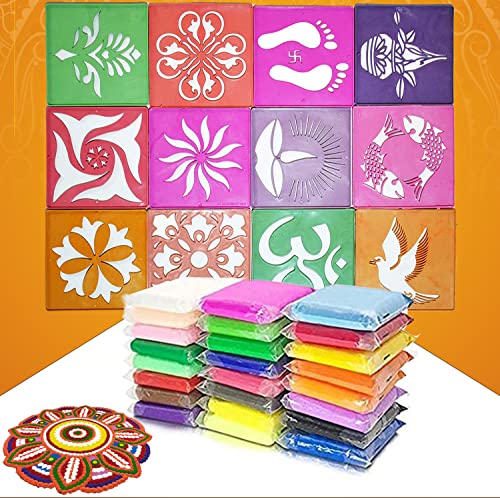 CraftVatika Rangoli Colour Powder with Stencils Kit Diwali Decoration Items for Home Stencils Tool Floor Art Rang for Home Navratri Pongal Pooja Mandir Decor