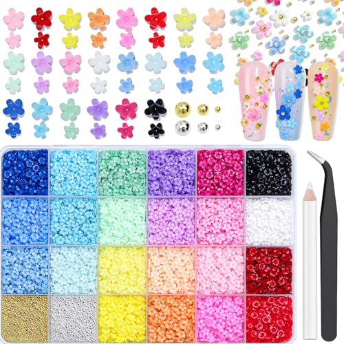11000 Pieces Flower Nail Charms 24 Color 3D Flowers for Nails Gold & Silver Nail Caviar Beads with Pickup Tool Cute Colorful Nail Flowers for Manicure DIY Nail Decoration