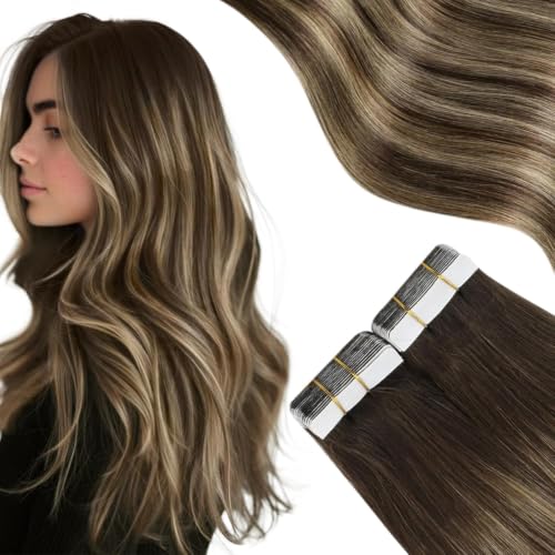 Image of Moresoo Tape in Hair Extensions Human Hair Caramel Balayage 18in 20Pcs 50g | Seamless tape in hair extensions human hair, skin weft tabs, caramel highlights, added length, half up event styling