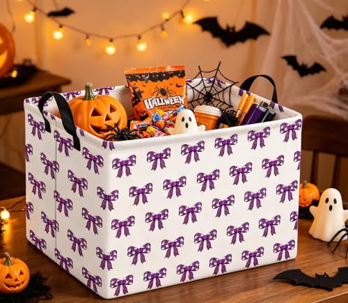 Image of Rectangle Storage Basket,Gift Basket for Halloween,Room Decor(Purple Bow Halloween)