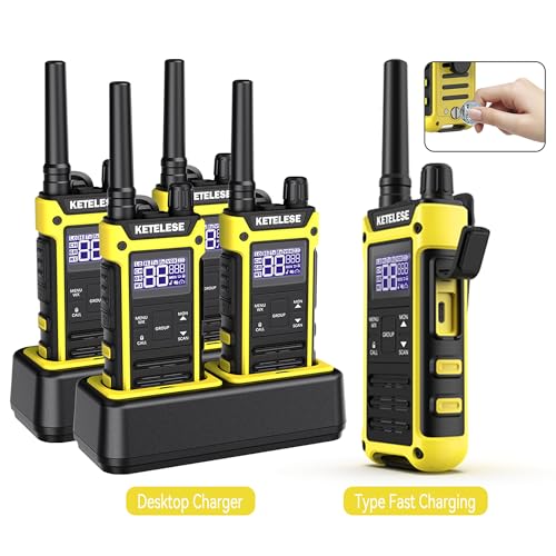 Image of KETELESE T3F IP67 Waterproof Two Way Radios, FRS Walkie Talkie 4 Pack with Earpieces,USB C Charge Dock,Group Talk,Flashlight,VOX,Weather Alert, for Adults, Black /Yellow