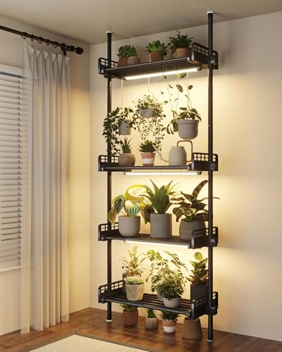 Bamworld Tension Rod Plant Stand with Grow Lights Adjustable Hanging Plant Shelf Indoor Tall Plant Pole Stand Floor to Ceiling Pole for Living Room Bedroom Flower Holder For Multiple Plant Pots Display Black New Version