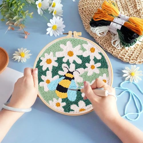 Image of KESTAR Punch Needle Embroidery Starter Kits, Bee and Daisy Flower Punch Needle Kits for Adults Beginner, Needle Punch Kit Tool with Instruction Threader Fabric Yarns and Hoop