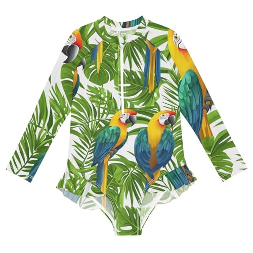 Girls One Piece Swimsuits Long Sleeve Swimsuit Zipper Bathing Suits Tropical Parrot Bird Leaf
