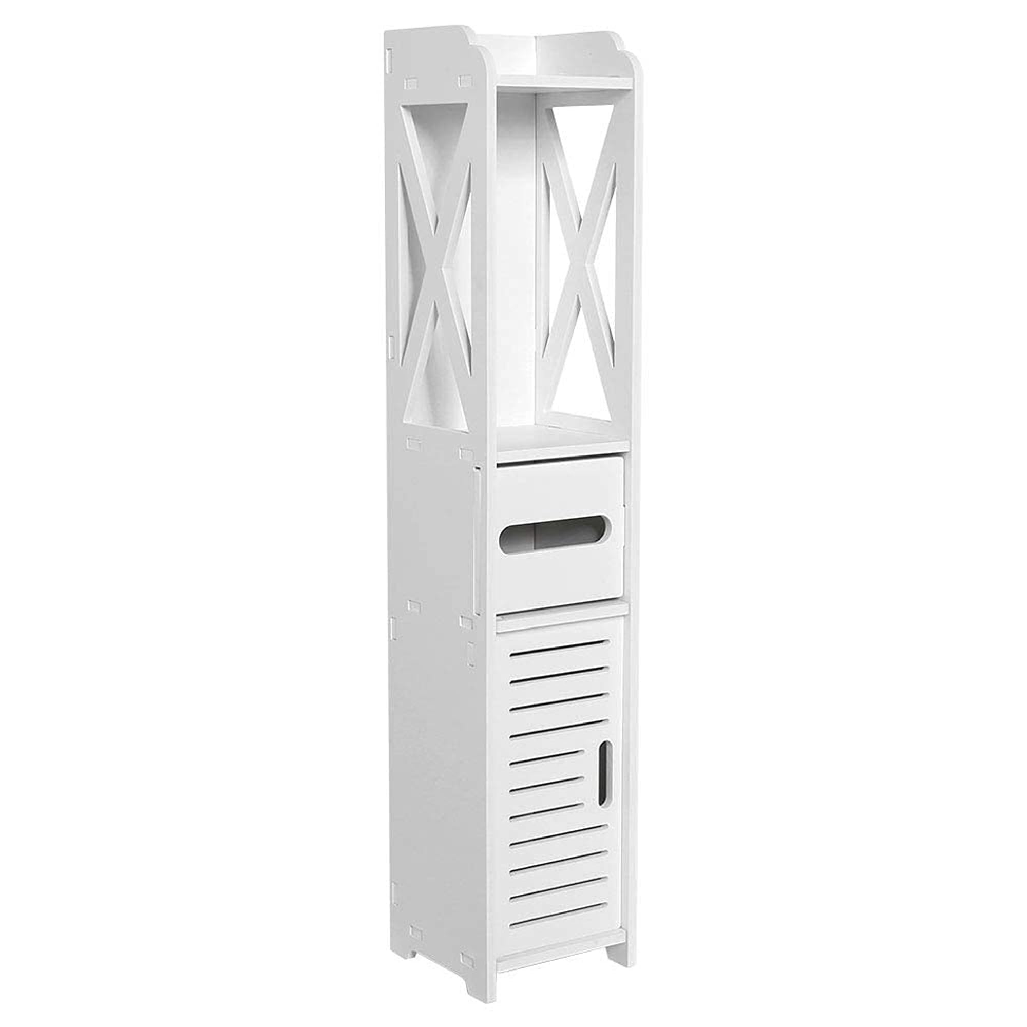Sulfar Small Bathroom Storage Corner Floor Cabinet with Doors & Shelves | Slim Toilet Vanity Cabinet, Narrow Sink Organizer, Towel & Tissue Storage Shelf (White)