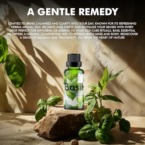 Image of Esslux Basil Essential Oil for Diffusers - 100% Pure & Natural Basil Oil for Skin Care, Aromatherapy, Massage, and Candle Making - Fresh, Herbaceous Scent for DIY, Fragrance, and Relaxation, 15ML
