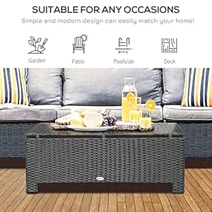 Ousunny Patio Furniture Wicker Coffee Table Hand Woven PE Rattan Side Table with a Tempered Glass Top 335 x 1975 Black
