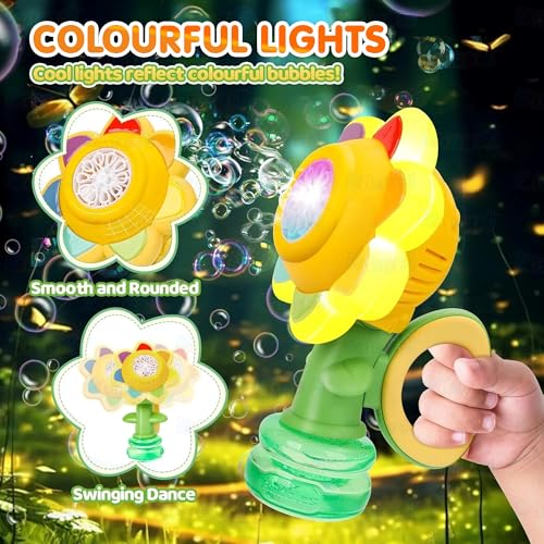 Image of Kidology Dancing Sunflower Bubble Machine for Kids & Adults | Rechargeable Electric Bubble Maker with LED Lights | Bubble Gun Toy for Boys & Girls | Birthday Party Gift Toy