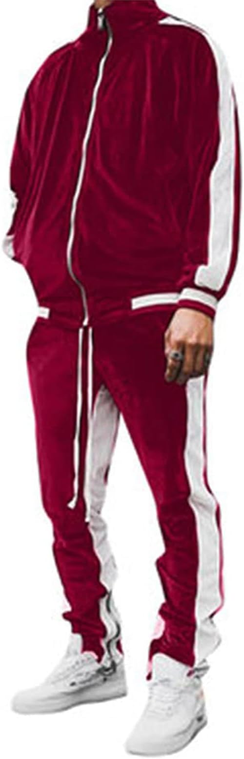 Men's 2 Pieces Velour Full Zip Tracksuits Velvet Jacket Pant Sports Suits