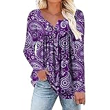 Oberteile Damen Mode Druck Plissee Knopfleiste Bluse Lose Rundhals T-Shirt Tunika Freizeit Rüschen Pullover Bluse Tops Langarmshirt