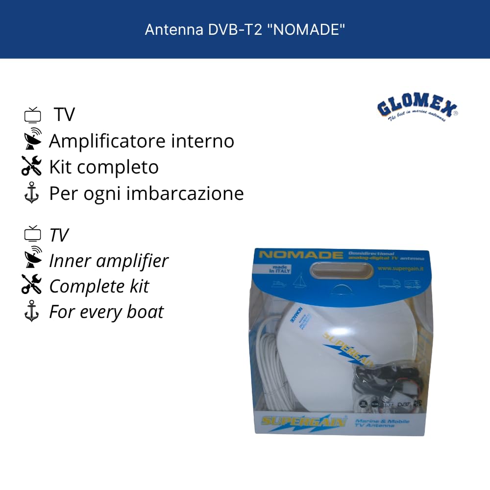 Glomex Antena de TV DVB-T2 Omnidireccional Portátil con Amplificador Modelo SGT6000 (Nomade) - 360 °, 12 V, Alta Sensibilidad, para Barcos, RV, Yates