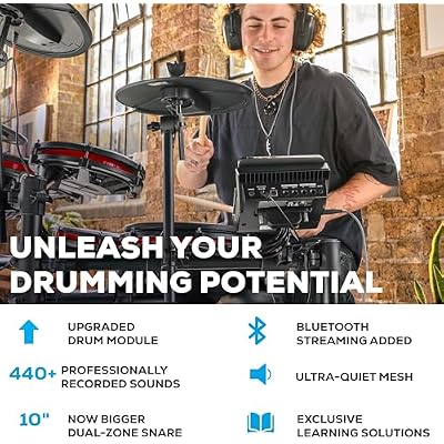 طقم طبول كهربائي مدمج من Alesis Nitro Max مع وسادات شبكية هادئة، طبلة مزدوجة المنطقة مقاس 10 بوصات، بلوتوث، أصوات BFD 440+، طبول، USB MIDI، دواسة ركلة