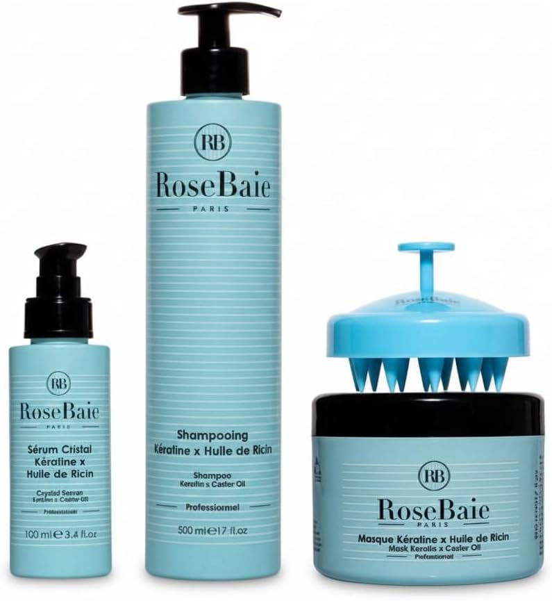ROSEBAIE | Routine Trio Castor Oil and Keratin | Growth and Hydration | Shampoo 500ml | Mask 500ml | Serum 100ml | Free Massage Brush