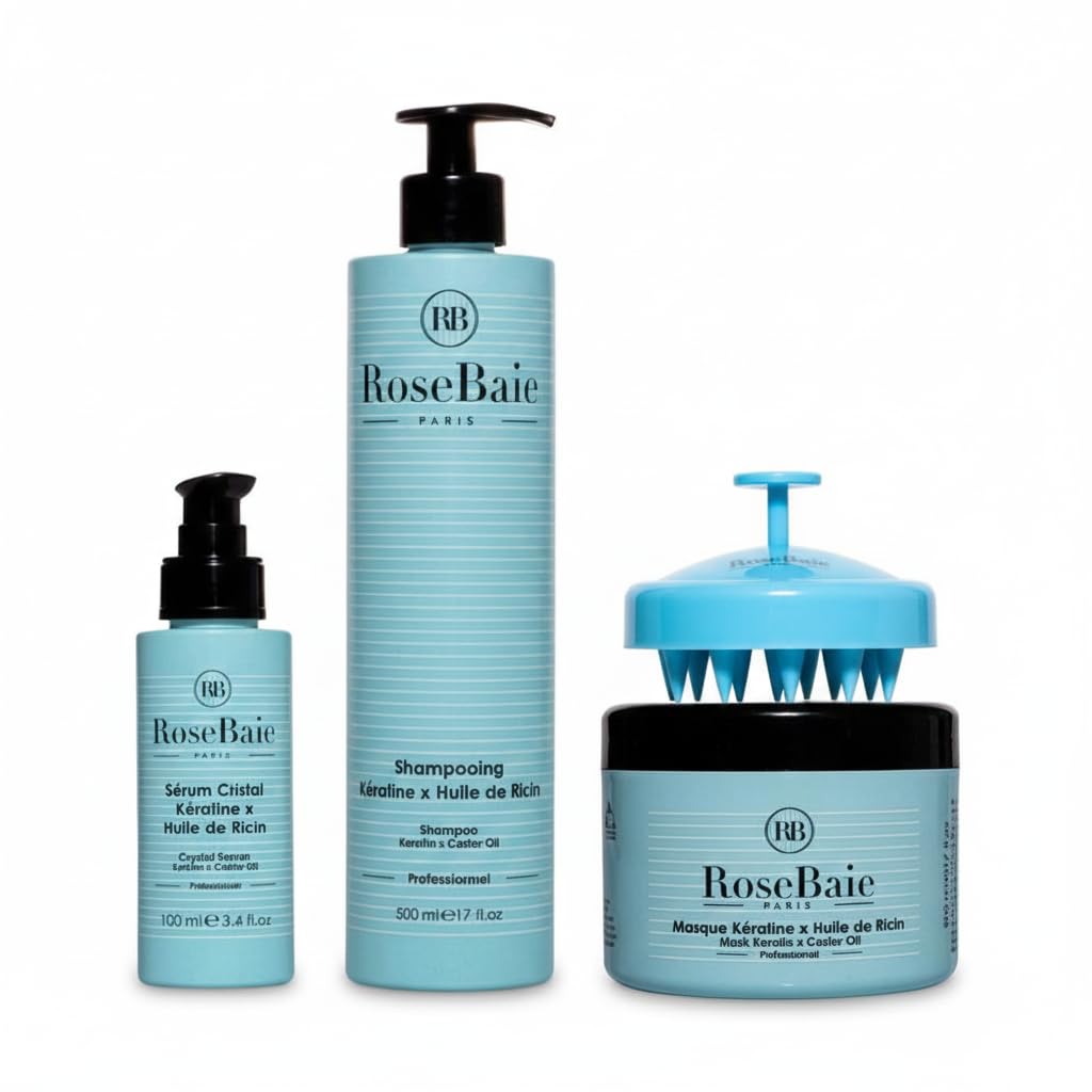 ROSEBAIE | Routine Trio Huile de Ricin et Kératine | Pousse et Hydratation | Shampoing 500ml | Masque 500ml | Sérum 100ml | Brosse massante offerte