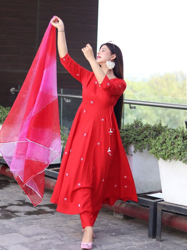 Image of Royal Export Women's Viscose Floral Embroidered Anarkali Gown Dress || Kurta Pant with Dupatta Sets