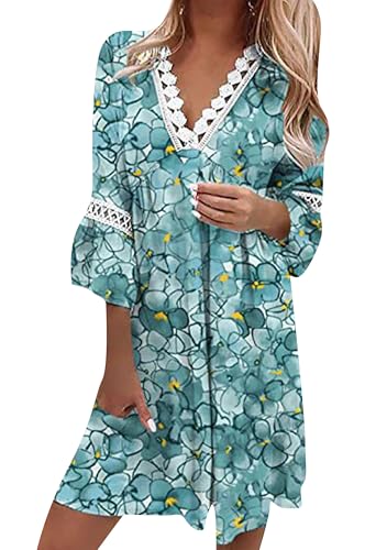 EFOFEI Damen Fließendes Festival Clubwear Urlaub Bunte Kleider A-Linie Lockeres Sommerkleid Himmelblau Blume M