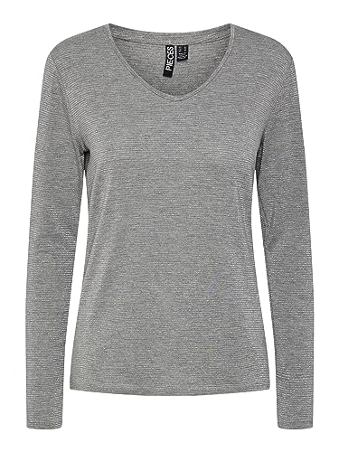 PIECES S Pcbillo LS Stripes Noos FC-Cuello en V Camiseta, Gris Claro/Rayas: Gris Lurex, M para Mujer