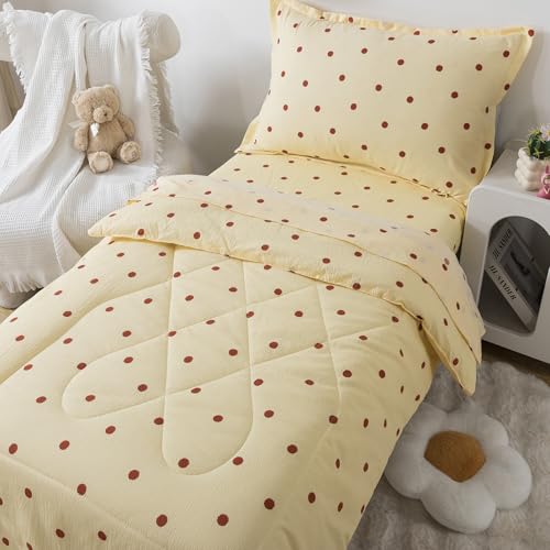 Image of Caressma Polka Dots Yellow Toddler Bedding Set 4 Pieces Kids Comforter Set | Vintage Crib Comforter Set, Includes Comforter, Fitted Sheet, Flat Sheet & Pillowsham, Polka Dots Nursery Toddler Bedding