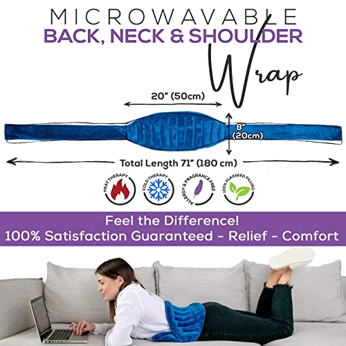 Image of Microwave Heating Pad for Back Pain Relief with 71 inch Ties /Straps to Secure Anywhere - Moist Heating Pad Microwavable Heat Wrap for Neck & Shoulders, Cramps - Flaxseed Rice Heat Packs Hot Bag (Med Blue)