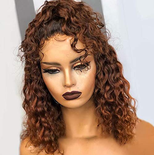 Ombre Color Short Water Wave Bob Wig13x6 Curly HD Lace Front Human Hair Wigs With Baby Hair Plucked Remy Brazilian Lace Bob Wigs 150% Density 1B/30 Color (12 Inch)