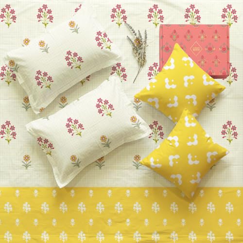 Image of Urban Space Festive Gifting Set - 100% Cotton Double Bedsheet with 2 Pillow Covers and 2 Cushion Covers, Bedsheet Set in Gift Box, 90 x 100 Inch, Magnolia Yellow| Diwali, Festive & Housewarming Gift