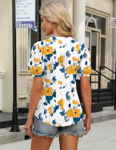 Image of IECCP Womens Tops Puff Short Sleeve Shirts Dressy Casual Henley V-Neck Summer Tops Pleated T-Shirts Loose Fit Tunic Blouses