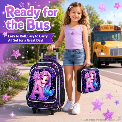 Image of CCJPX 18 inch Mermaid Rolling Backpack for Girls, 3Pcs Kids Wheeled Bookbag with Lunch Box, Lightweight Roller School Bag for Elementary Preschool (Black)