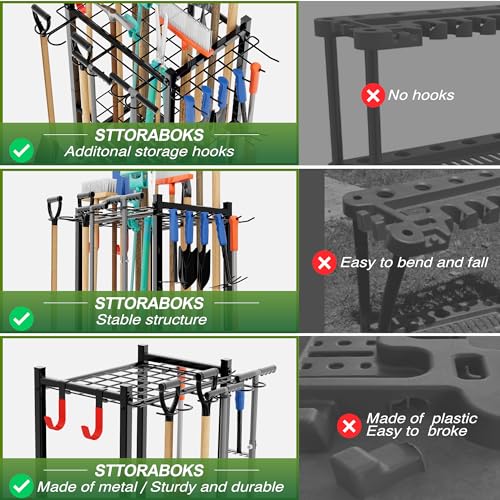 Garden Tool Organizer Rack Up to 50 Tools, Heavy-Duty Steel Yard Tool Organizer for Garage Storage with 11 Hooks, Broom Holder & Garden Tool Rack for Shed, Patio, Outdoor Use, Black - Image 3