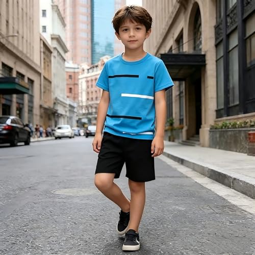 Image of 4-8T Toddler Boys 2-Piece Summer Casual Outfit Striped Print Short Sleeve T-Shirt & Shorts Set